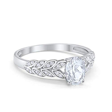 Solitaire Floral Accent Oval Simulated Cubic Zirconia Wedding Ring 925 Sterling Silver